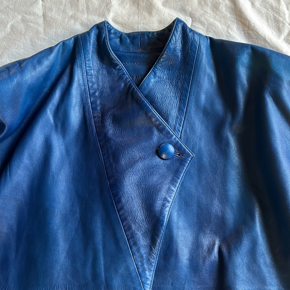 Vintage John Michael Long Leather Jacket Blue Small Oversized Unusual